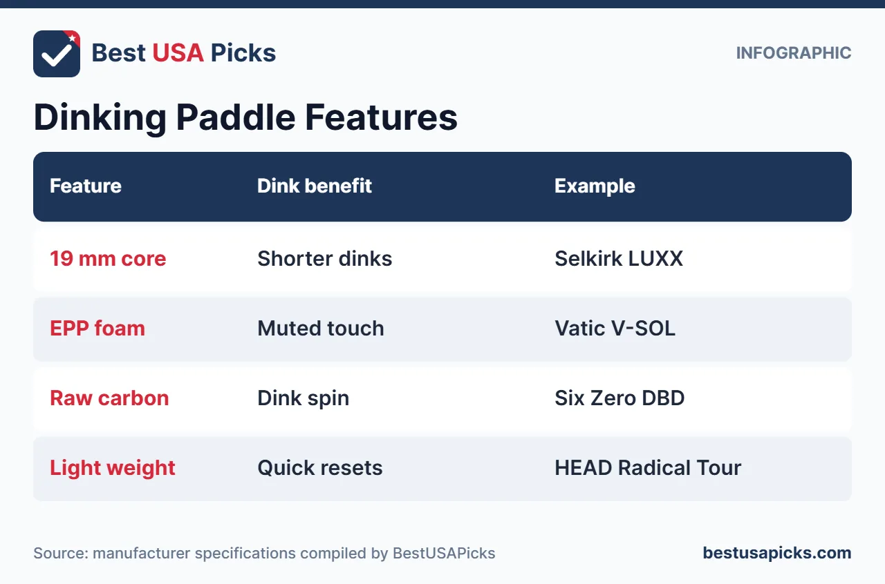 Pickleball paddle features for dinking