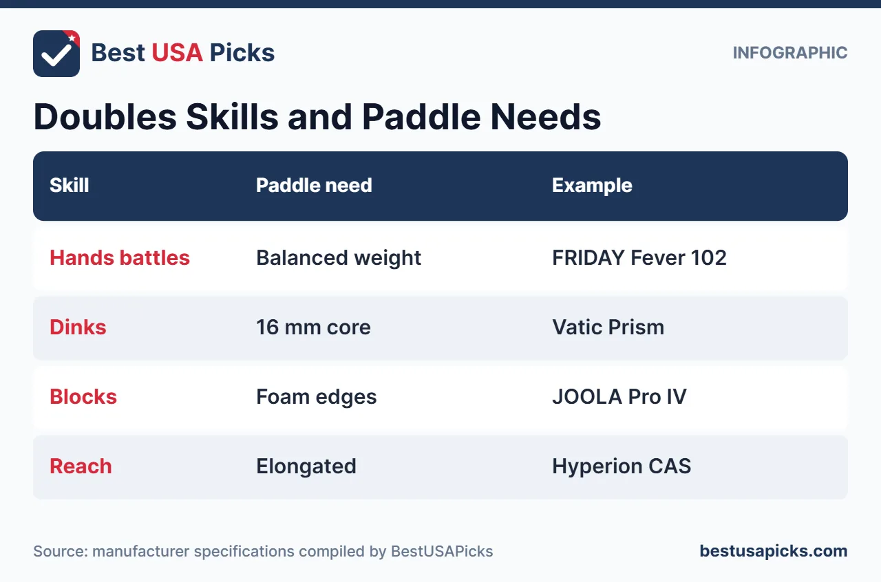 Doubles skills and pickleball paddle needs