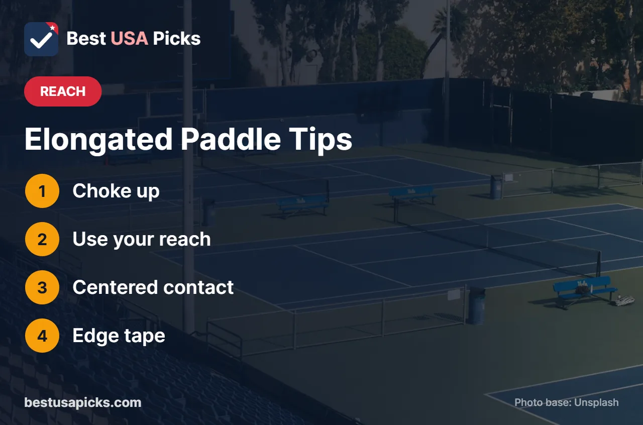 Elongated pickleball paddle tips