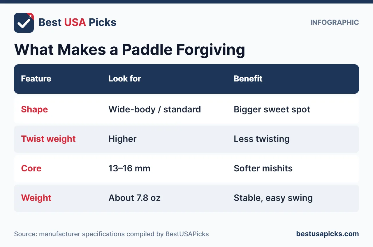 Infographic of forgiving pickleball paddle features for beginners