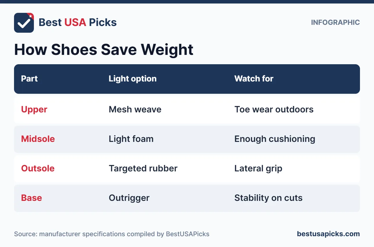 Infographic showing how lightweight pickleball shoes save weight