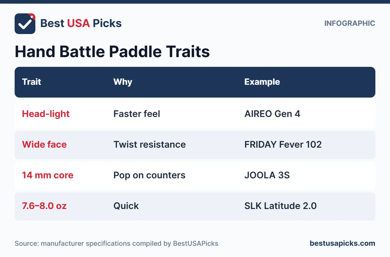 Pickleball paddle traits for hand battles