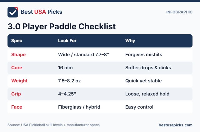 Checklist of paddle specs for a 3.0 pickleball player