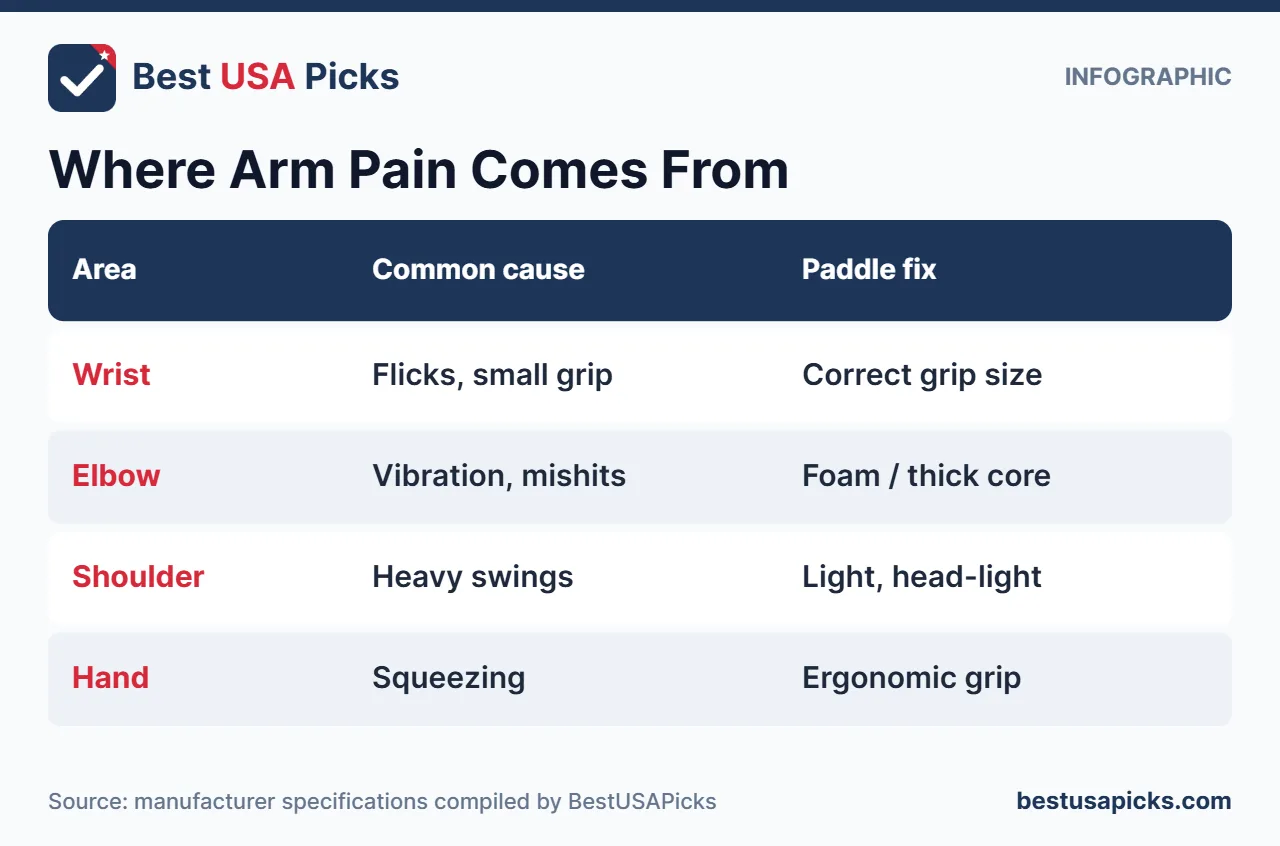 Infographic on causes of pickleball arm pain