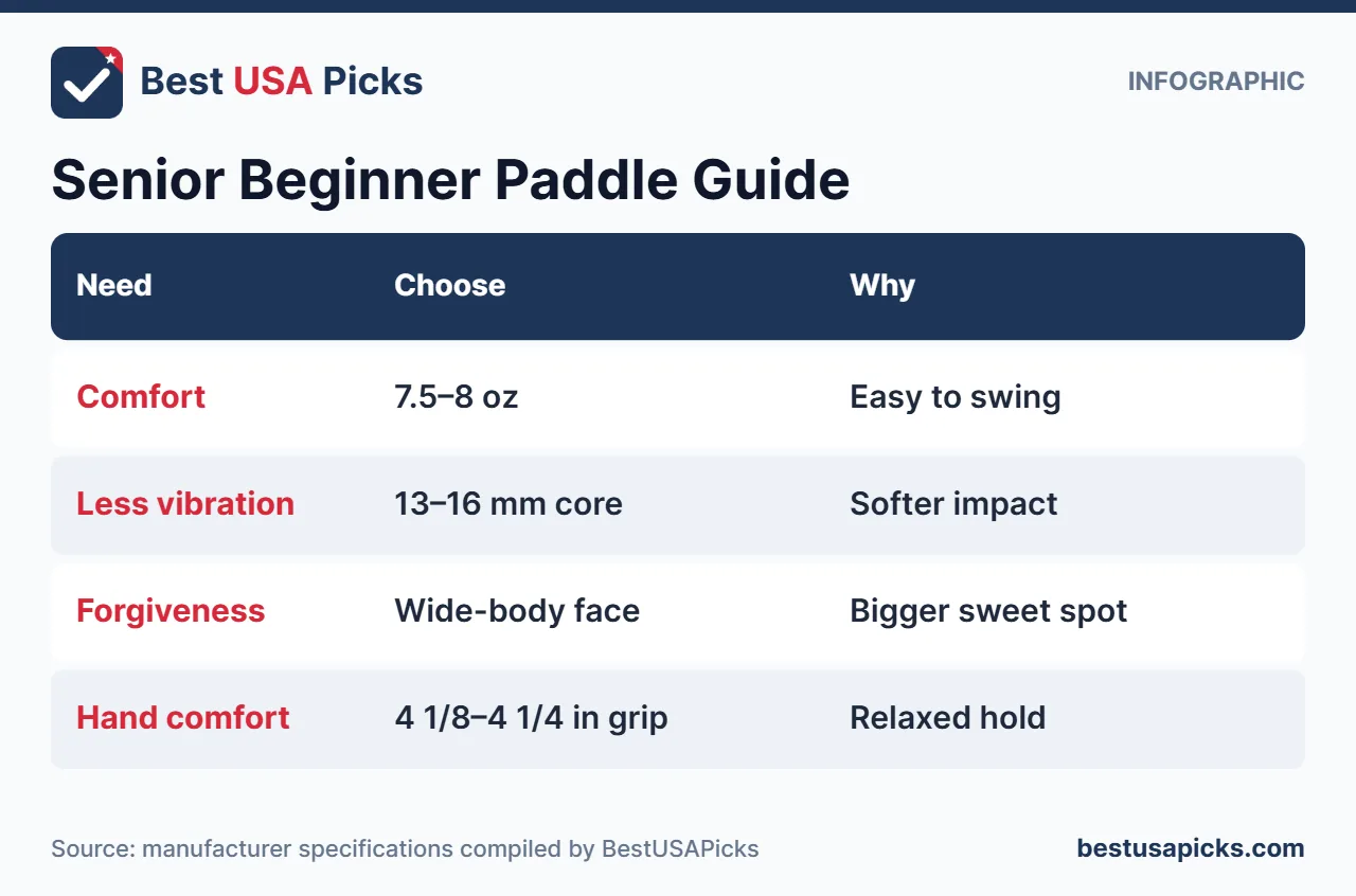 Paddle guide infographic for beginner senior pickleball players