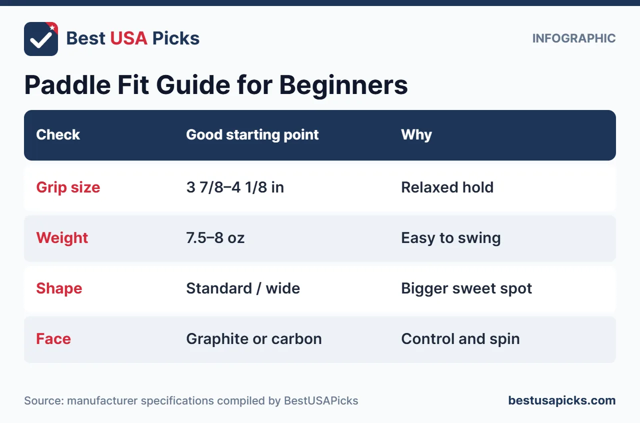 Pickleball paddle fit guide infographic for beginner women