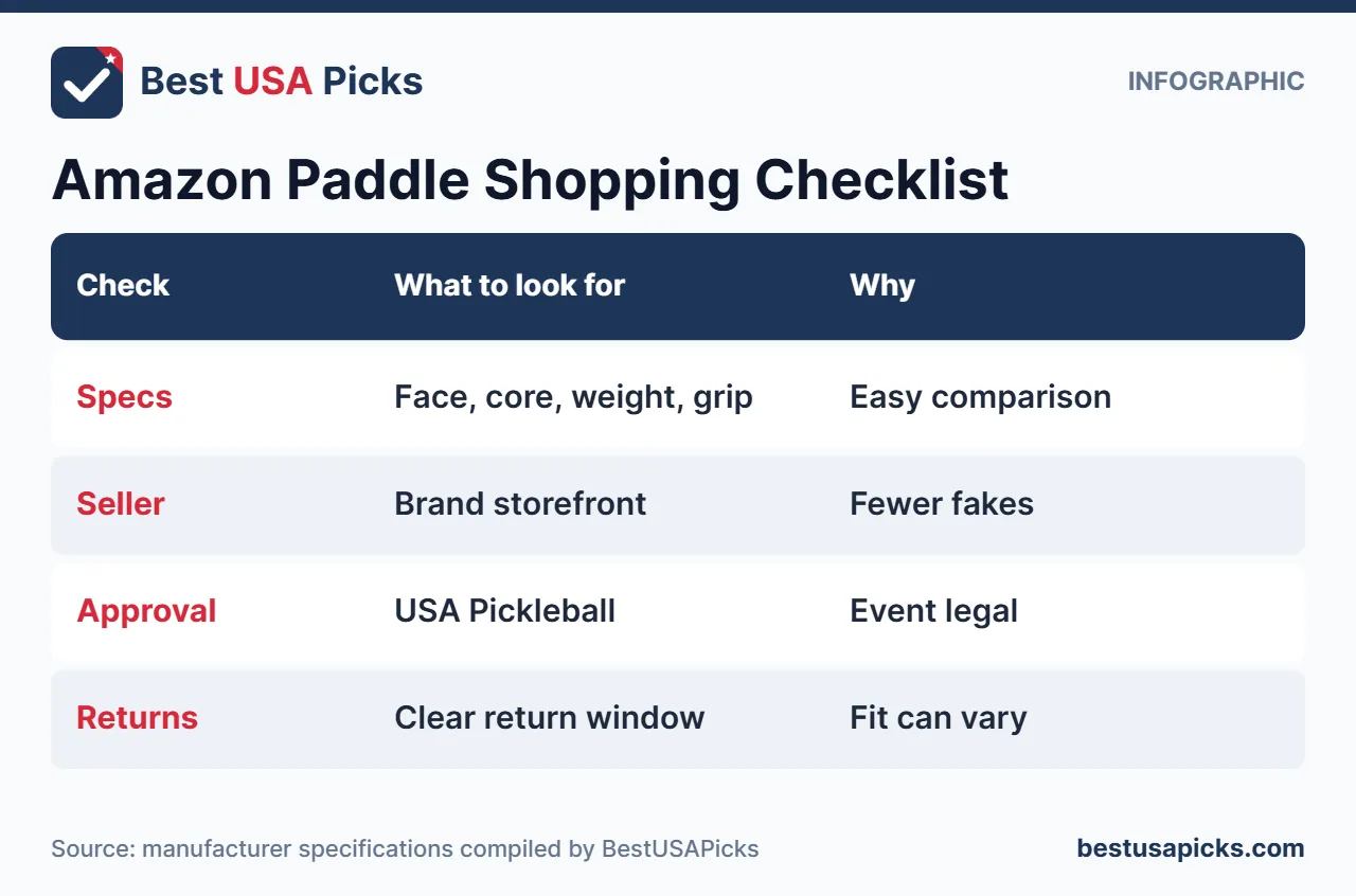 Checklist infographic for buying a beginner pickleball paddle on Amazon