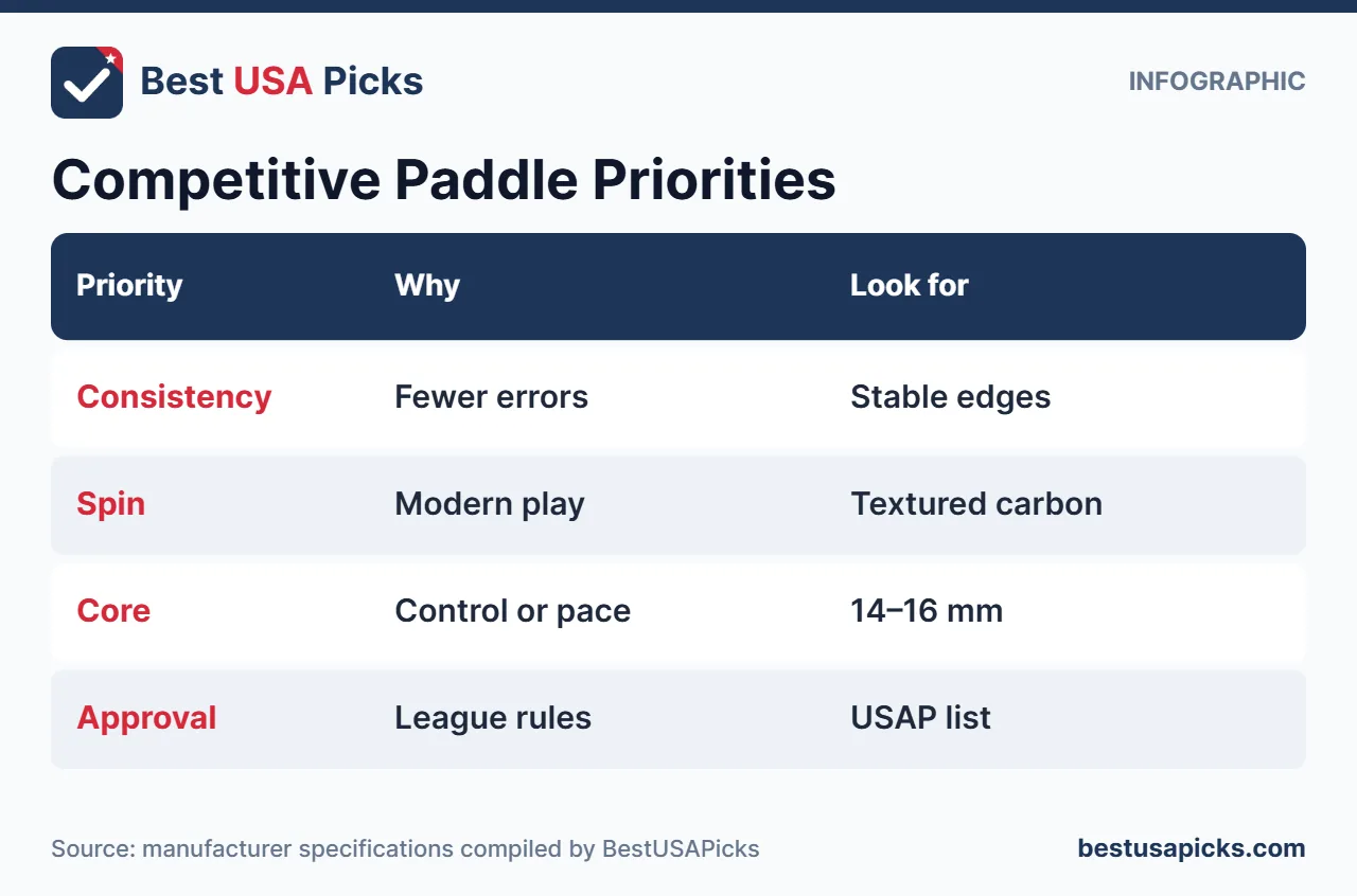 Competitive pickleball paddle priorities infographic