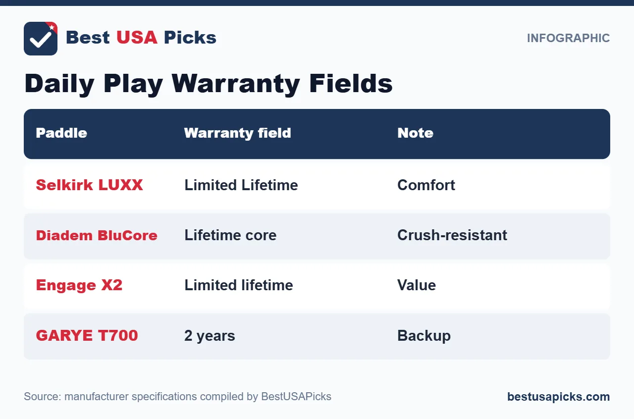 Daily play pickleball paddle warranty fields