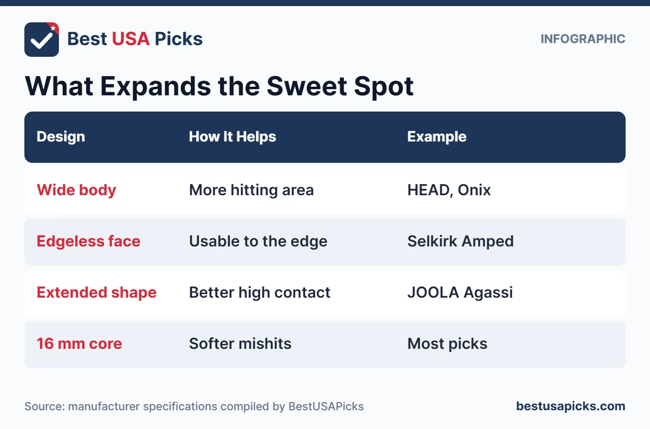 Design features that expand a pickleball paddle sweet spot