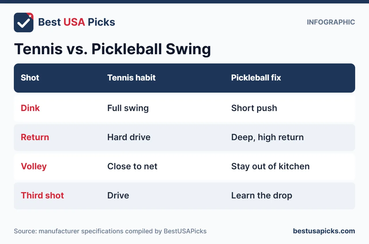 Infographic comparing tennis and pickleball swings