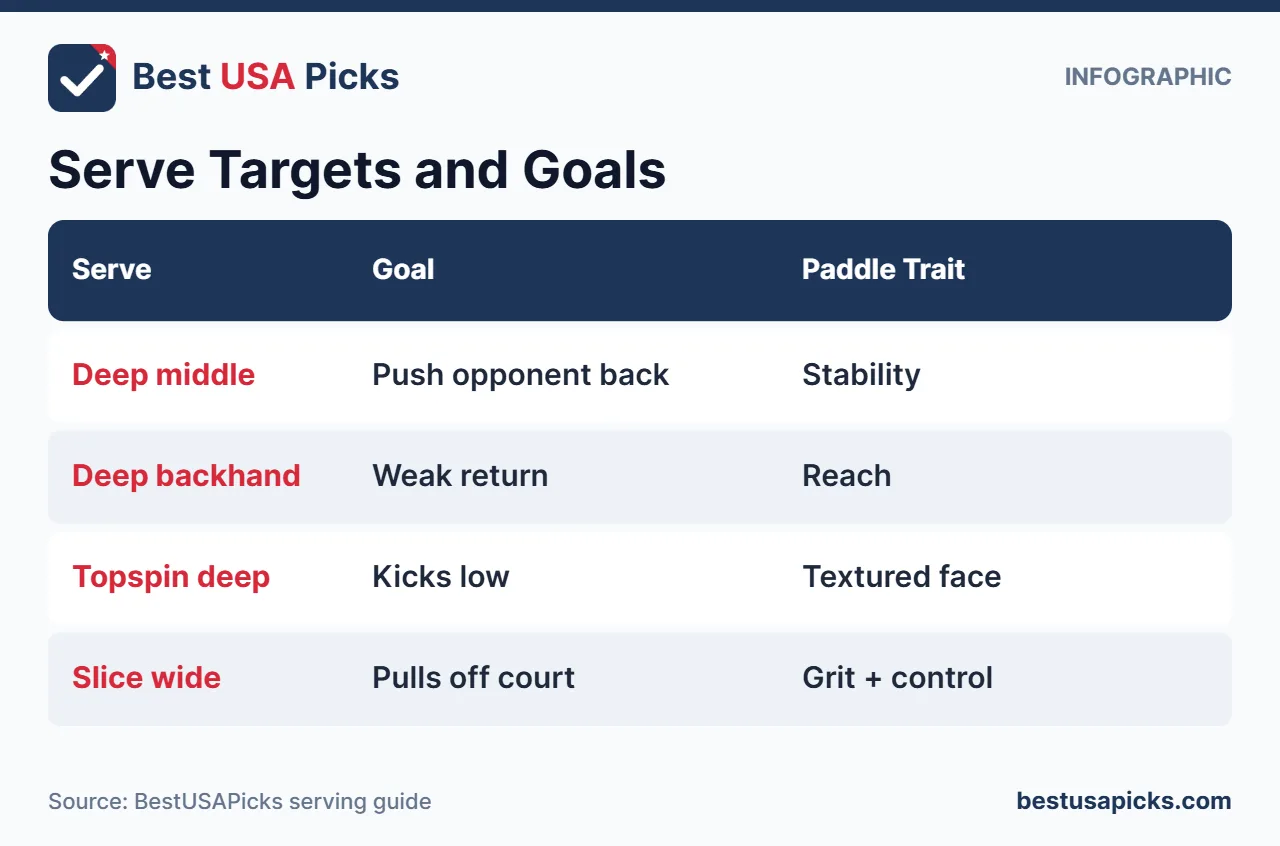Pickleball serve targets and paddle traits