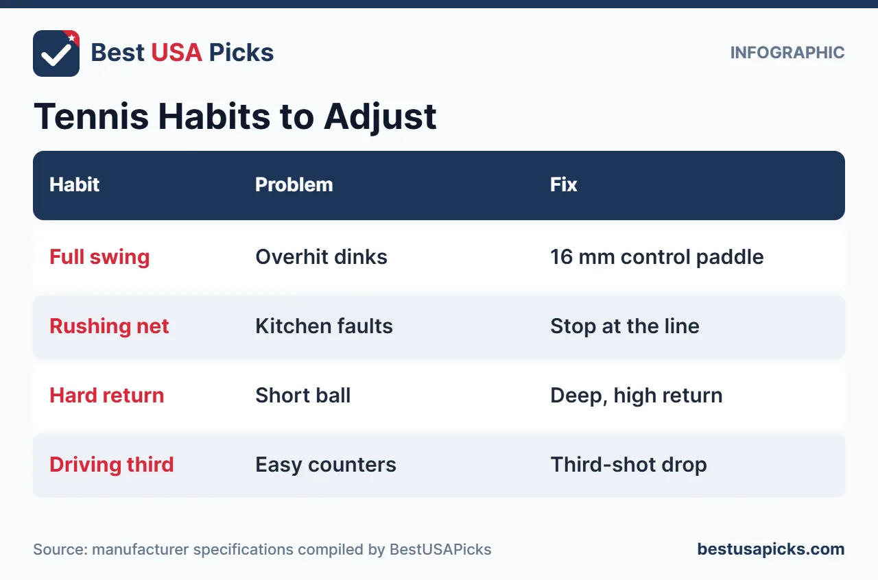 Infographic of tennis habits to adjust in pickleball