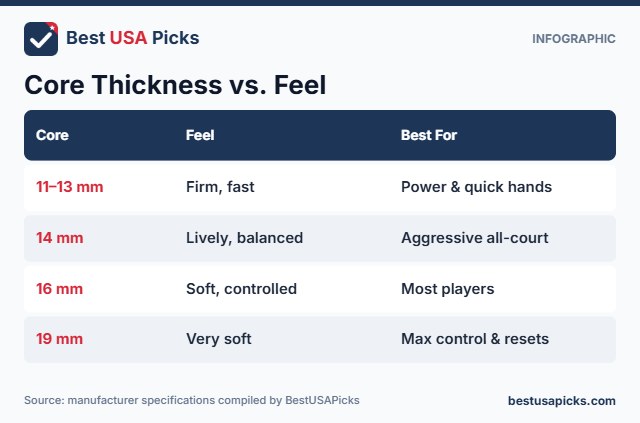 Pickleball paddle core thickness vs feel chart from 11 mm to 19 mm