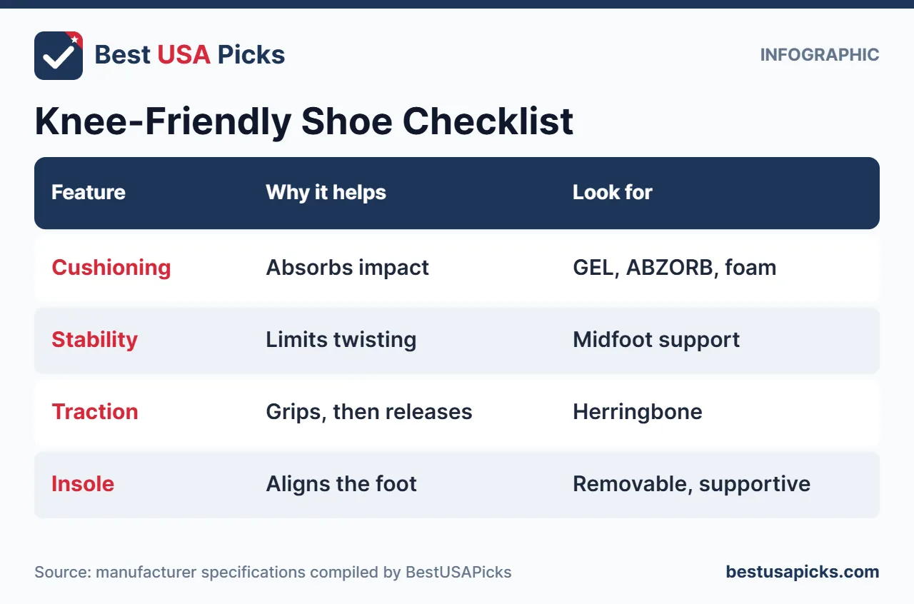 Checklist infographic of pickleball shoes for bad knees