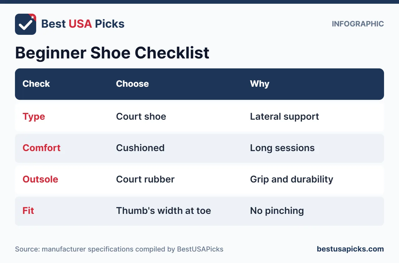 Checklist infographic for beginner pickleball shoes