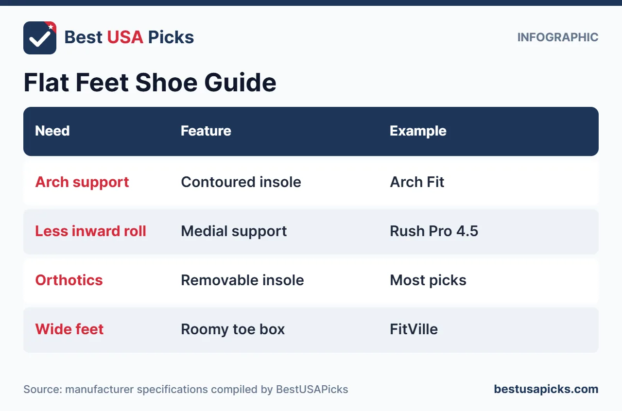 Infographic of pickleball shoe features for flat feet