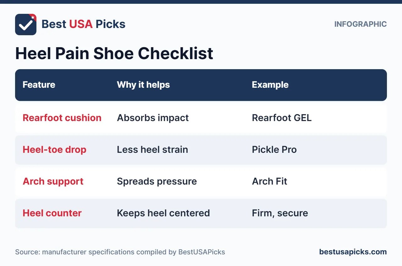 Checklist infographic of pickleball shoes for heel pain