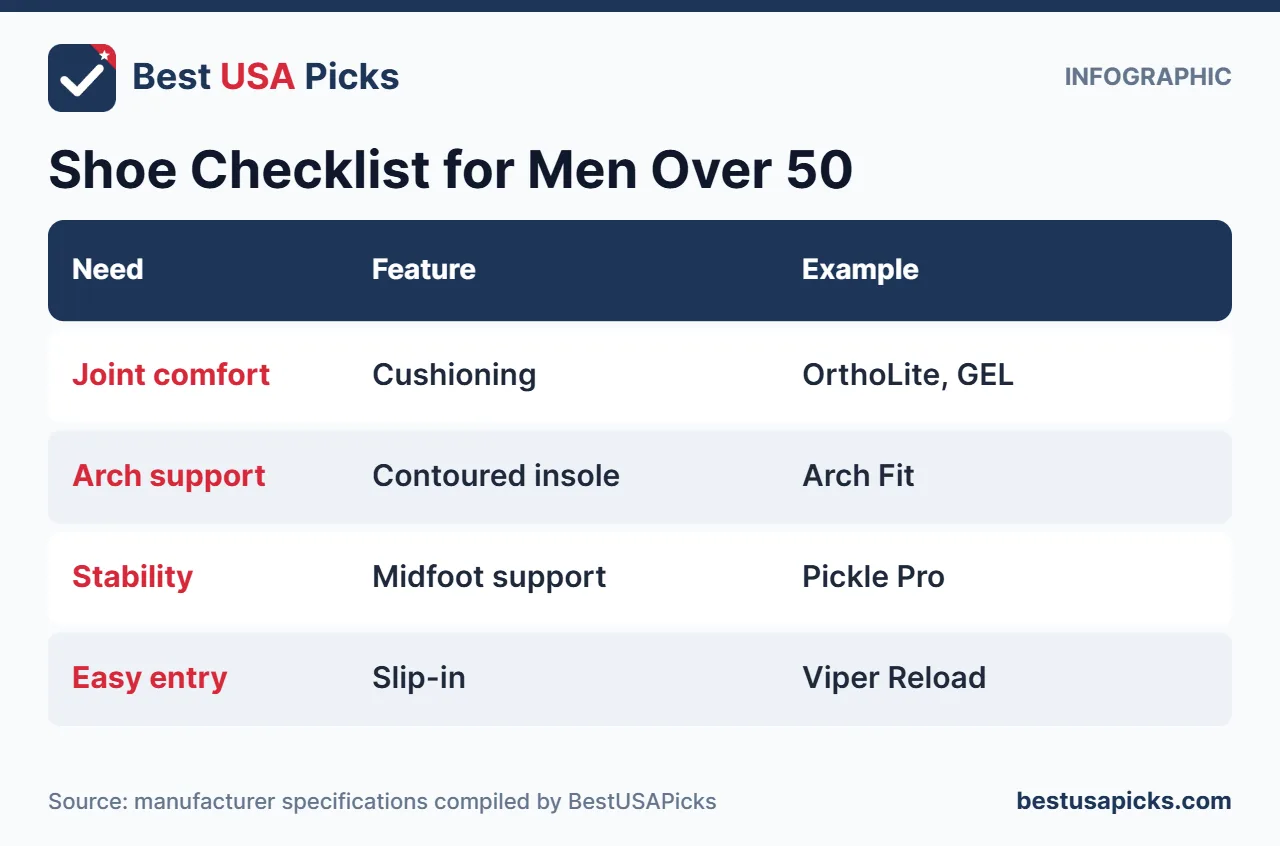 Checklist infographic of pickleball shoes for men over 50