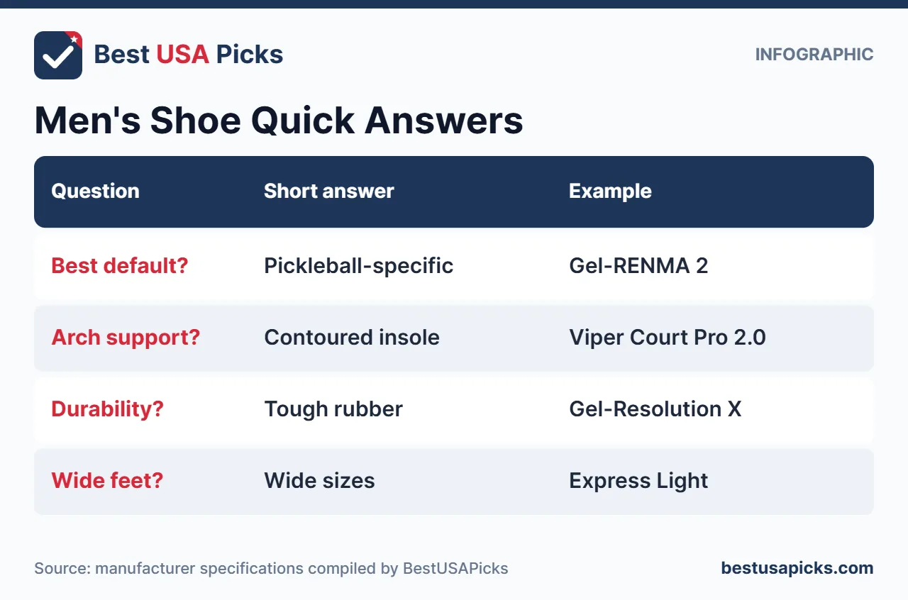 Quick answers infographic about men's pickleball shoes