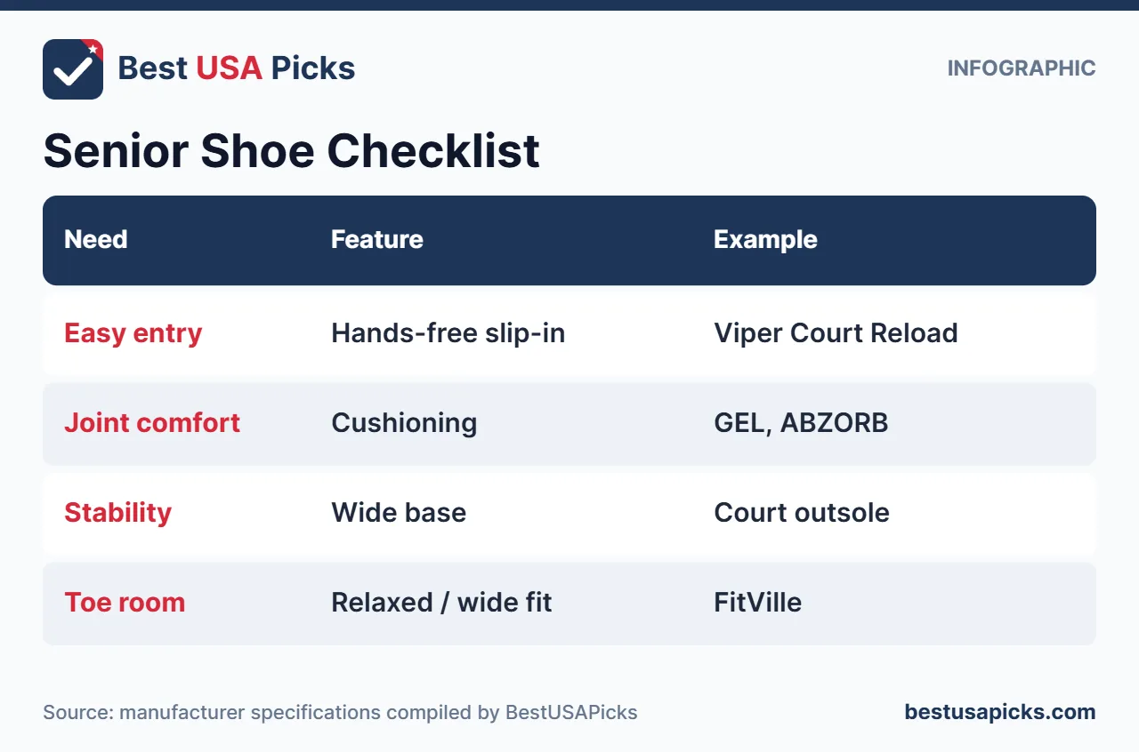 Checklist infographic of pickleball shoes for seniors