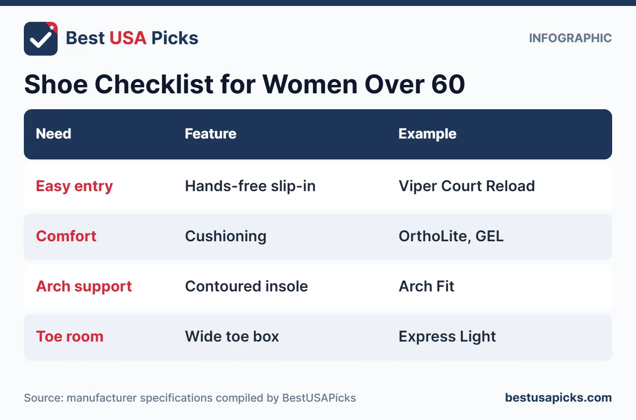Checklist infographic of pickleball shoes for women over 60