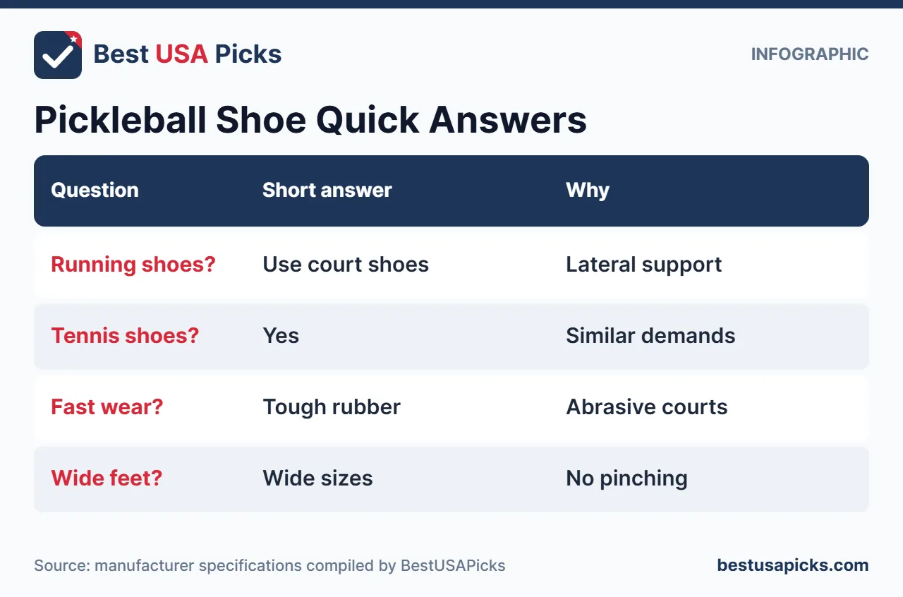 Infographic of quick answers about pickleball shoes