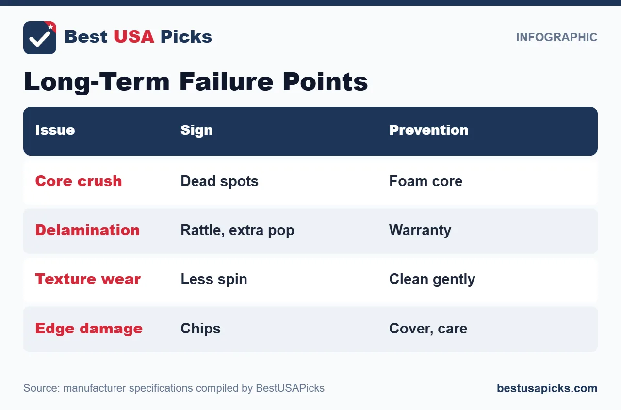 Long-term pickleball paddle failure points